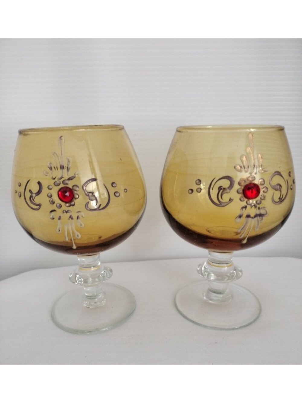 Amber Bohemian Handblown Glass Brandy Snifter Hand Painted 5"X3"3/8